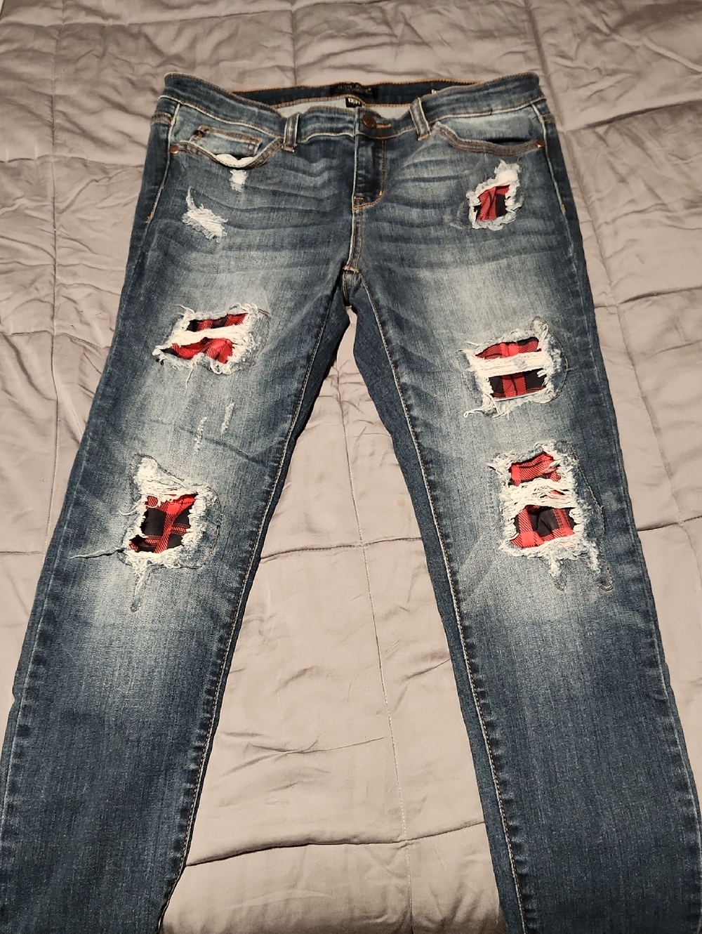 Judy Blue Distressed Blue Skinny Jeans with Red Plaid Patch